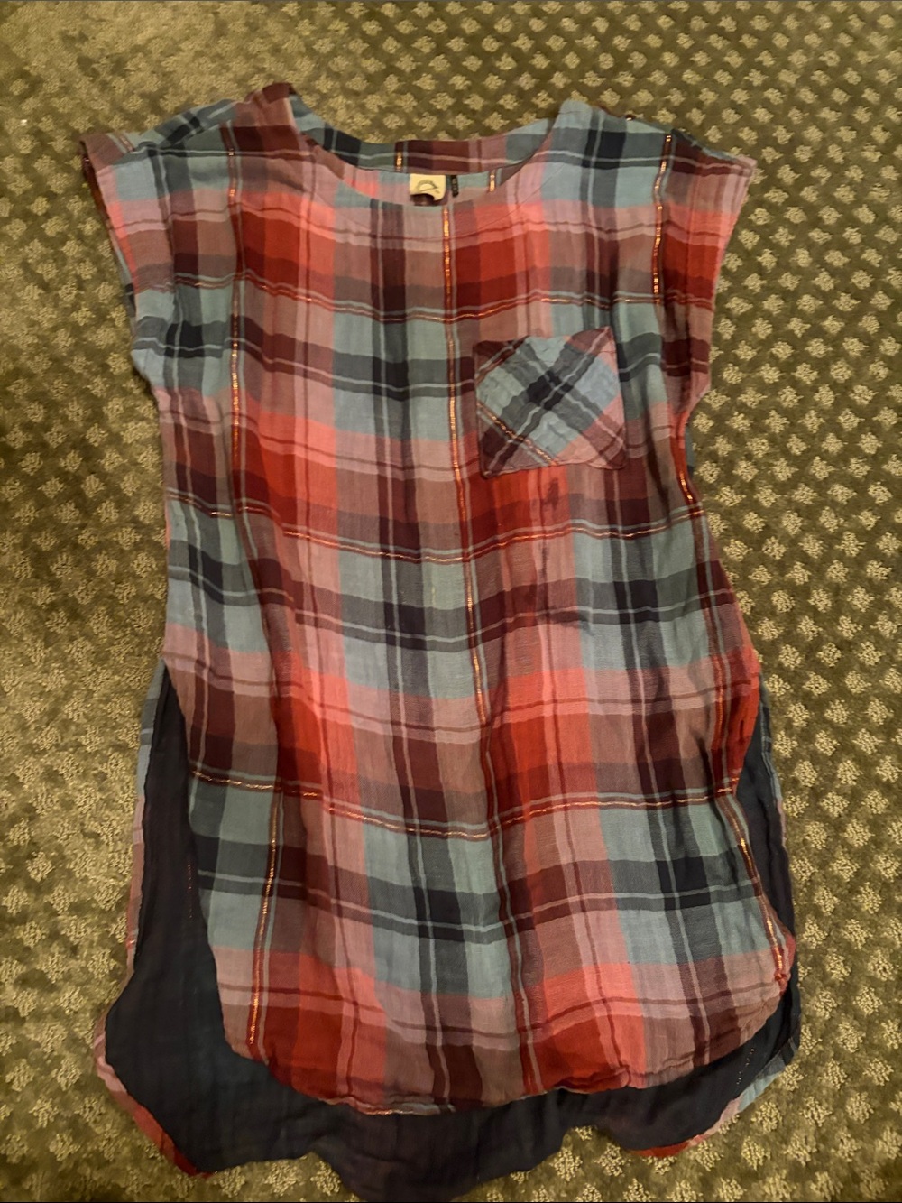 Plaid Cap-Sleeve Women's Top in Red and Blue